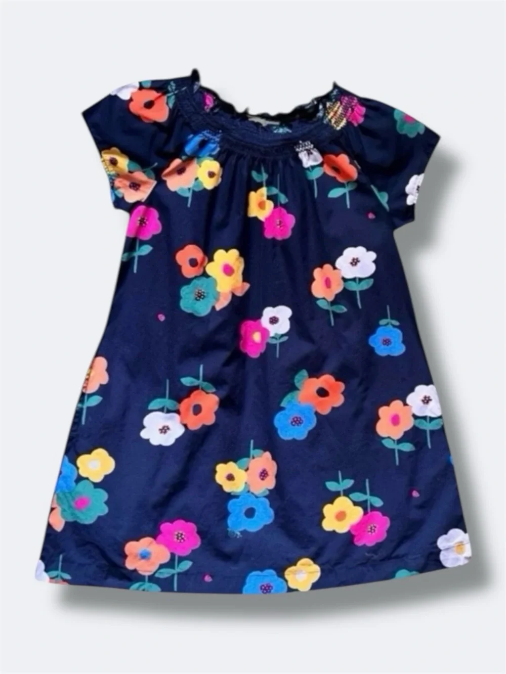Hanna Andersson Dress Girls 5 Navy Floral Smocked Pocket Cotton
